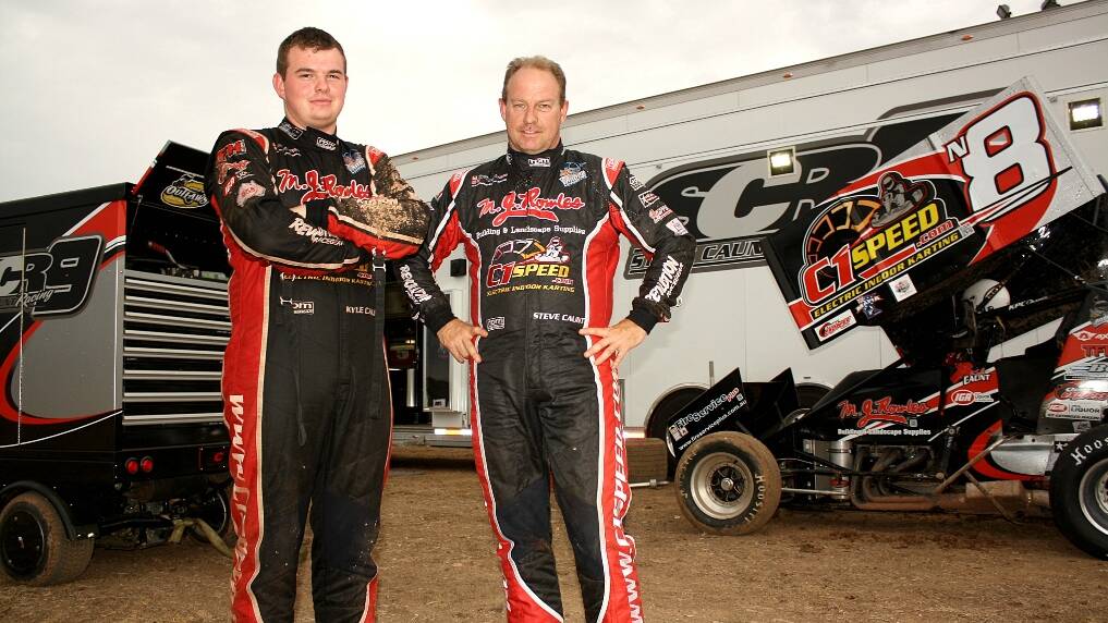 Sprintcar drivers and father and son duo, Steve and Kyle Caunt, take a breather during the action at Gunnedah Speedway on Saturday.