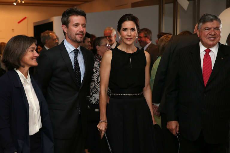Prince Frederik and Princess Mary  of Denmark (centre) attend the launch of MADE (Multidisciplinary Australian Danish Exchange) and Architecture makes the City with Opera House CEO Louise Herron (left) and Chairman John Symond (right)at the Sydney Opera House. Photo: Jane Dempster