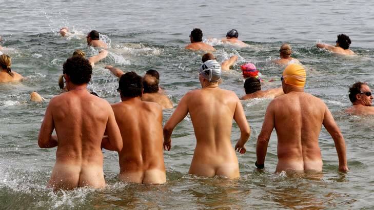 In the buff ... swimmers at the start of Sydney Skinny, a nude ocean swim at Cobblers Beach near Mosman.
