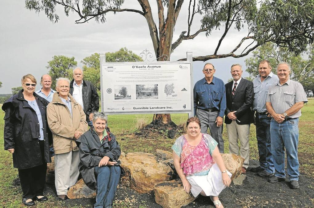 Representatives of the groups involved in the O’Keefe Avenue enhancement project include, from back left, committee chair Geoff Hood, Graeme Curtis and Don Pascoe (nephews of the late Frank O’Keefe), Mayor Owen Hasler, Greg McIlveen (Whitehaven Coal) and David Walker (Liverpool Plains Land Management). Front left: Margaret Hood  (Gunnible Landcare), Les Eckert (Rotary Club of Gunnedah), Felicity Baker (Namoi CMA) and Toni Comber (Red Chief Lands Council). 