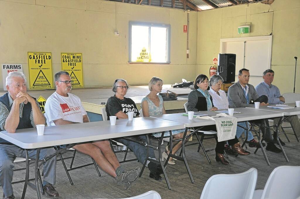 Meet the Candidates at Caroona Hall on Friday. From left, Richard Witten (Citizens’ Electoral Council), Stephen Hewitt (Country Labor), Pat Schultz (The Greens), Penny Blatchford (The Greens Senate candidate), Susan Lyle and Rosemary Nankivell (Caroona Coal Action Group), and independents Jamie McIntyre and Rob Taber.
