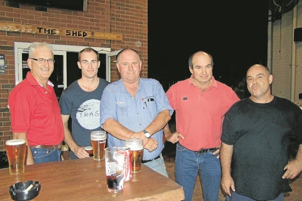 ENJOYING a quite beer at the Impy, from left, Chris Mooney, Adam Mooney, Tom Torrens, Brad Smith and their host, Scott Davis. More photos of the season launch in Thursday’s issue of the NVI.