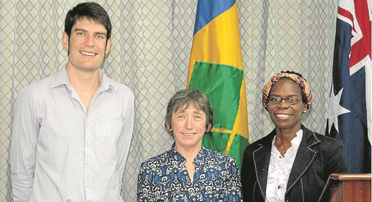 Australian volunteers, Nicolas Harris and  Gunnedah’s Dr Annie Egan, with In Country Manager  – SVG, Joylyn Dennis Lampkin, at the launch of the volunteer program. Photo: IWN
