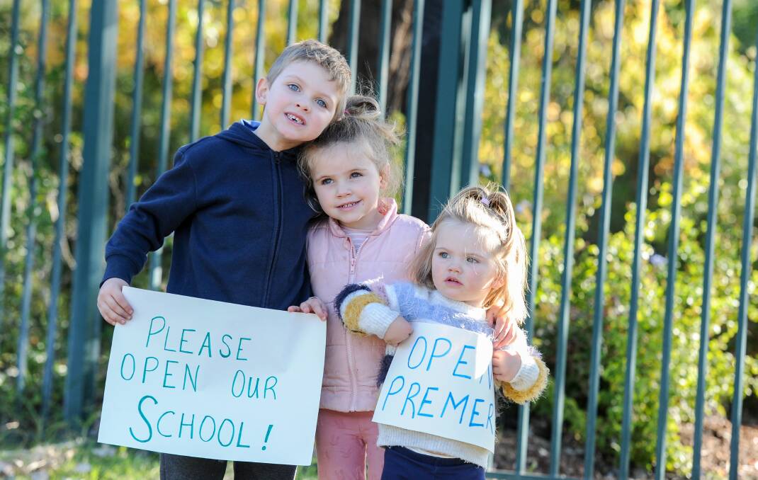 Lachlan, Eleanor and Camilla Campbell outside the Premer Public School which has been recess since the end of 2018. Photo: Lucy Kinbacher