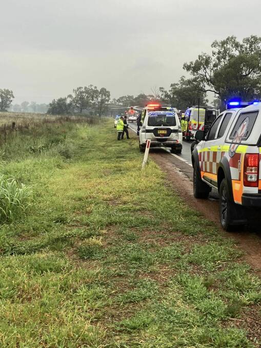 Emergency services raced to the Kamilaroi Highway following reports of a crash on December 20, 2023. Picture by NSW SES Gunnedah Unit