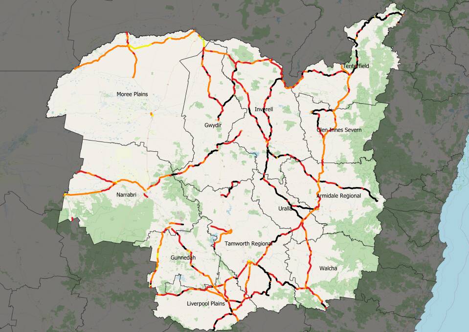 NRMA heatmap shows the worst rated roads in NSW, five stars is green, while black is one star. Picture supplied.