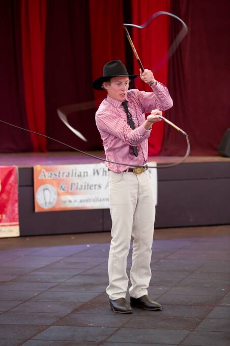 CHAMPION WHIP CRACKER: Gunnedah's Daniel Wicks cracks his way to the world title for the fifth consecutive year at the Sydney Royal Easter Show.