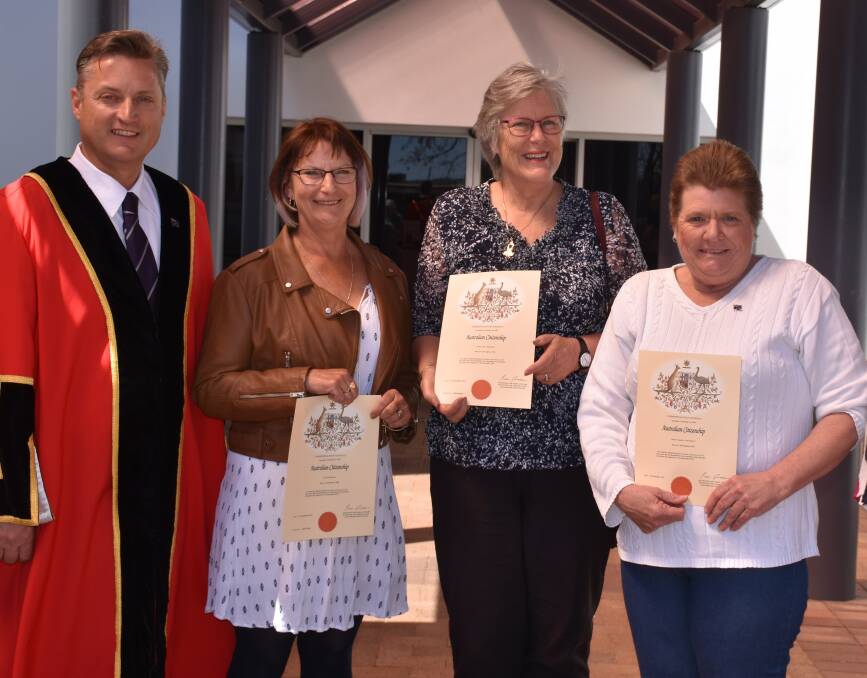 Welcome: New Australian citizens Jill Fulwood, Lesley Idzerda and Karen Crumbley with Gunnedah Shire Mayor Jamie Chaffey. Photo: Supplied.