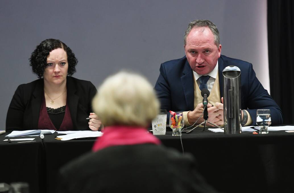 SKILLS DRAIN: The inquiry's Emma Bayer and Barnaby Joyce hear evidence from Gunnedah deputy mayor Gae Swain. Photo: Gareth Gardner