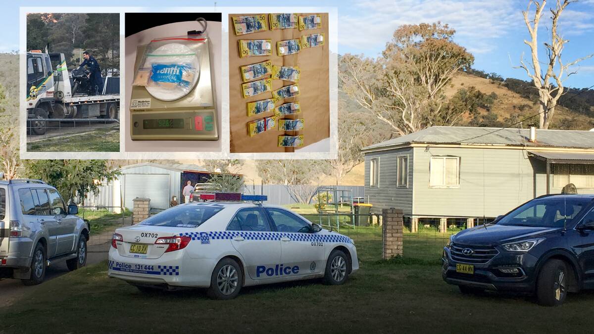Simultaneous raids: Police search the Nundle Rd, Woolomin, property in September, last year, and inset, a motorbike, drugs and cash were seized in the secret police sting. 