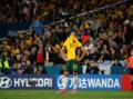 Captain Sam Kerr reacts in disappointment late in Australia's semi-final defeat to England on Wednesday night.
