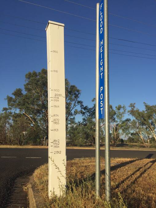 The water level of the 1955 flood is marked on the flood height post on Abbott Street in Gunnedah.