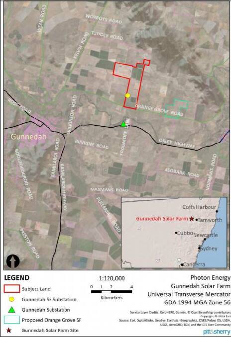 The location of Gunnedah Solar Farm on the Upper Namoi Valley floodplain near Orange Grove Rd and the Oxley Highway.