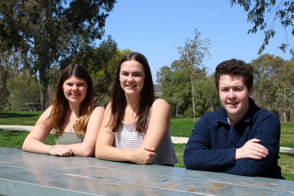 COUNTING DOWN: St Mary's College's Bella Gallagher (centre) and Gunnedah High School's Lucy Moore and Cameron Gale will sit their first HSC exam on October 17. Photo: Vanessa Hohnke