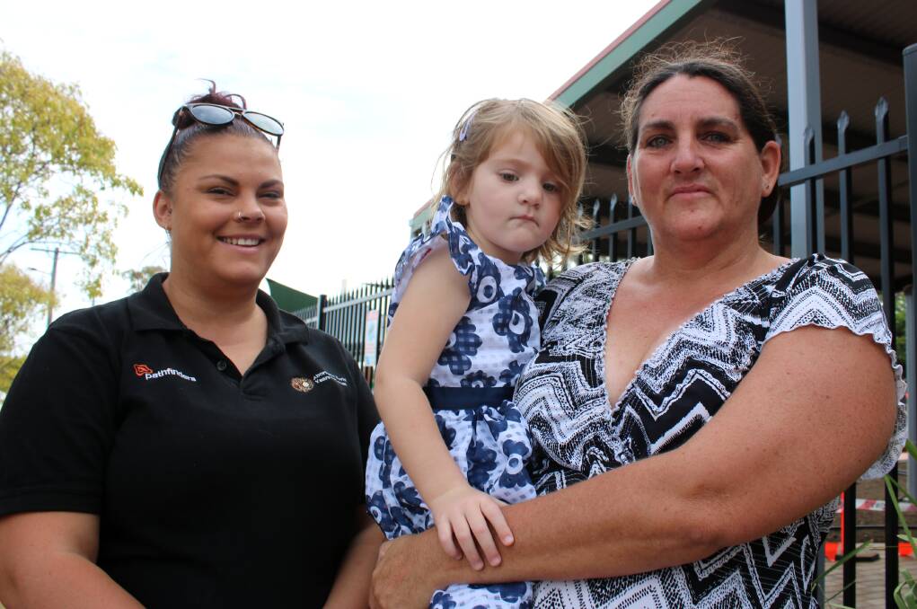 Thanks to help from Pathfinders' Samantha Watton (left), Lara-Leigh Went (centre) started at Gunnedah Preschool on Thursday. She is pictured here with her mum Jackie.