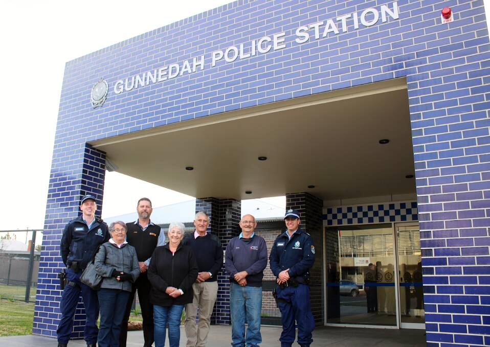 COMMUNITY PARTNERSHIP: Probationary Constable Cameron Taylor, community member Kath Wilkinson, John Harford, Crime Prevention Working Group members Colleen Fuller, Rob Hooke and David Moses, and Senior Constable Stewart Judd on Tuesday.