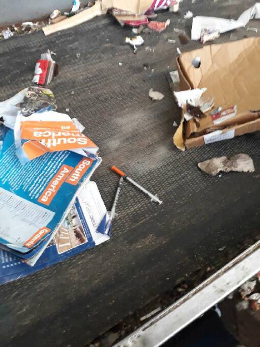 A needle is spotted amongst recycling materials at the Material Handling Facility. Photo: Gunnedah Recyclit