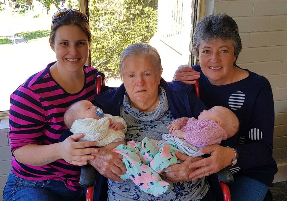 Fraternal twins Charlotte and Lucy Penrose with their mother Emma Howarth, great grandmother Nancy Mirow, and grandmother Robyn Howarth in Gunnedah recently. Photo: supplied