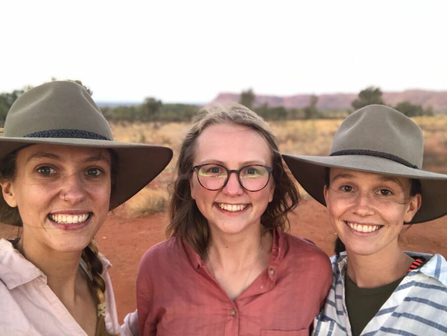 Gunnedah girl Sarah Clark, centre, with Jessica Brotchie and Sarah Banting at Kings Canyon, five hours from Alice Springs.