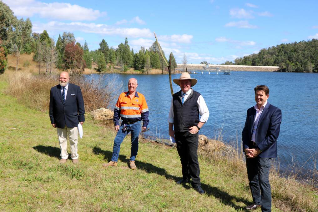 Liverpool Plains Shire Council deputy mayor Paul Moules, mayor Andrew Hope, New England MP Barnaby Joyce and Tamworth MP Kevin Anderson at Quipolly Dam.