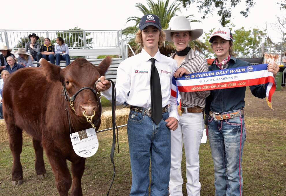 St Mary's agriculture students Brad Miller, Holly Miller and Billy Horne win the live School Steer Challenge with Legs. Photo: Tim Wirth