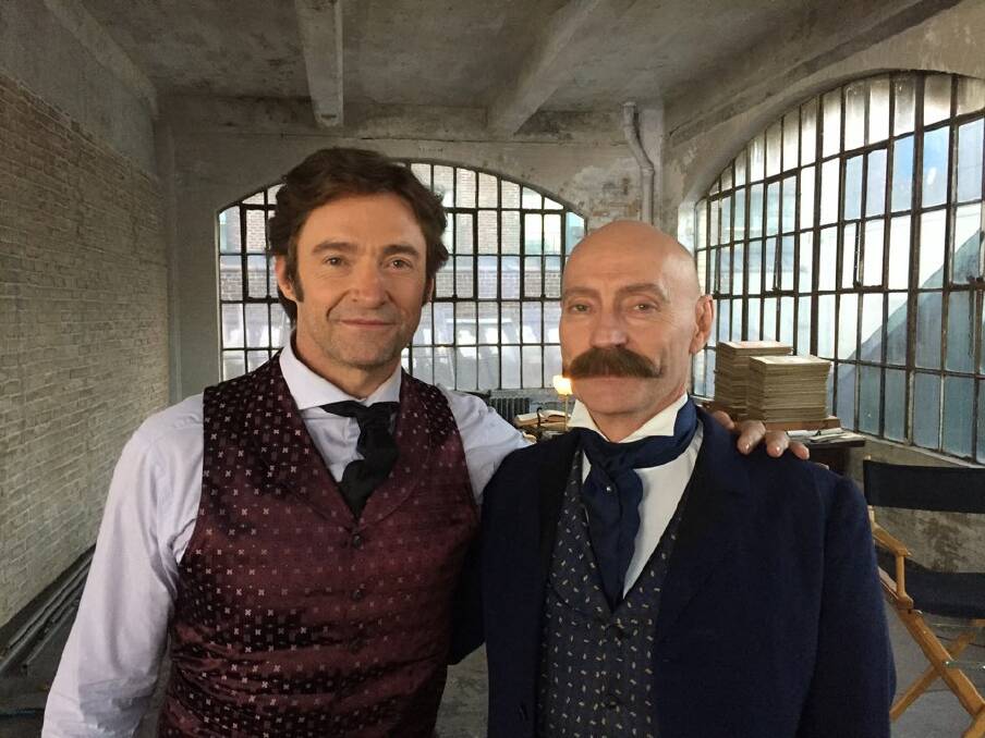 BRUSH WITH FAME: Hugh Jackman and Jamie Jackson on the set of The Greatest Showman. Photo: Supplied