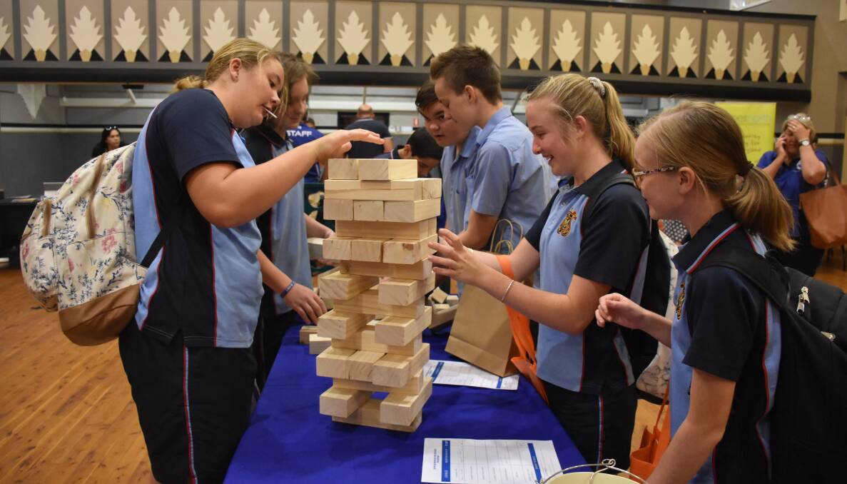 St Mary's College students playing Jenga at the 2019 Youth Expo. Photo: supplied