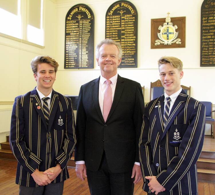 TAS 2020 student leaders James OBrien from Gunnedah (left) and Samuel Jones from Curlewis (right) with headmaster Murray Guest. Photo: supplied