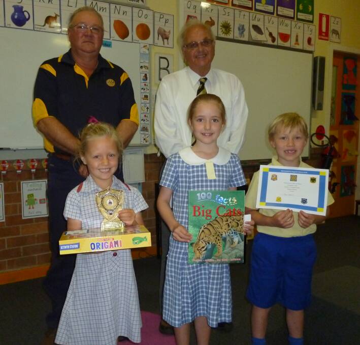 Robert Breneger and Terry Curran with Year 1 prepared speech place getters Susie Bell (Mullaley), Kayleigh Eather and Tom Watt.