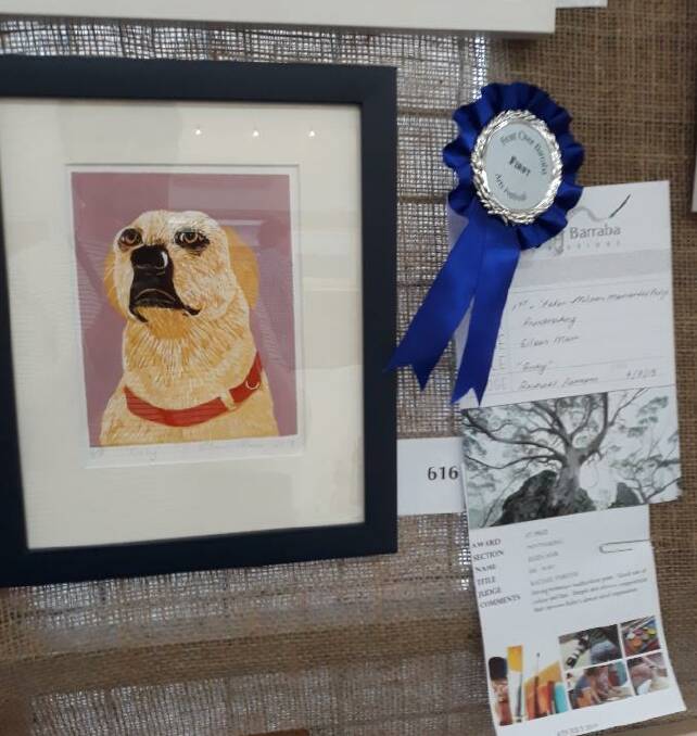 Eileen Mair won first place with Ruby in the printmaking section.