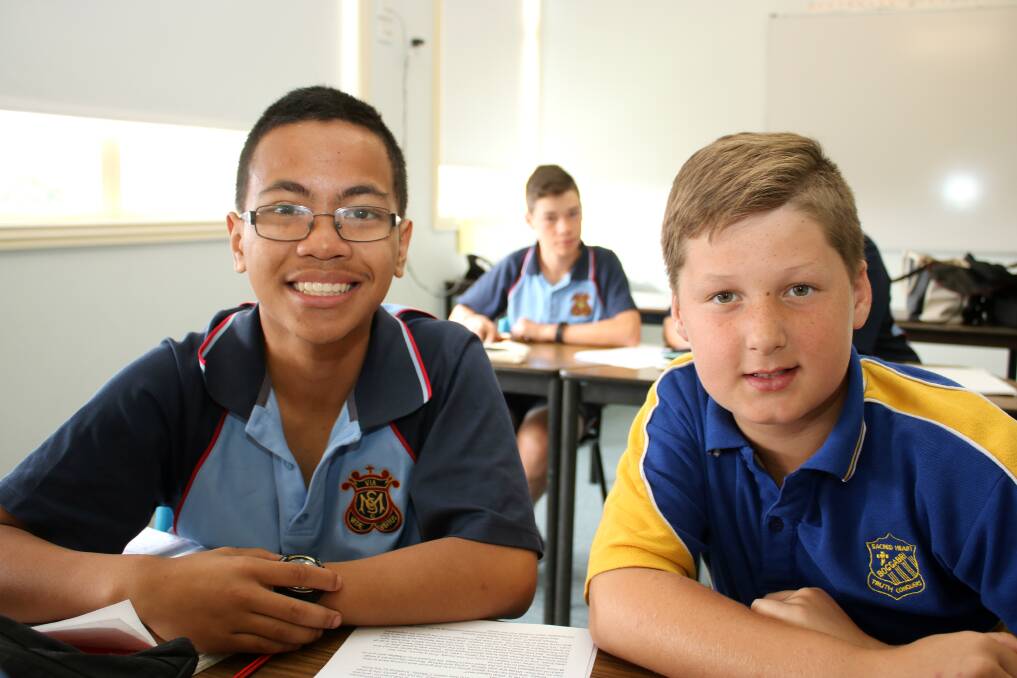 Year 6 Sacred Heart School student Noah Rigelsford (right) will start Year 7 at St Mary's in 2019. He is pictured here with current Year 7 student Paul Cabanas (left) during a session of the Building Links program in November.