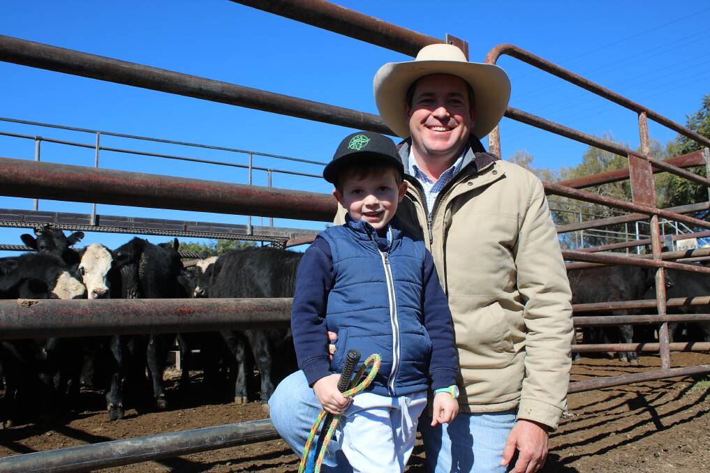 CHANGING INDUSTRY: Stock and station agent James Bradford (right) and his son Hugo at the Gunnedah Saleyards on Tuesday.
