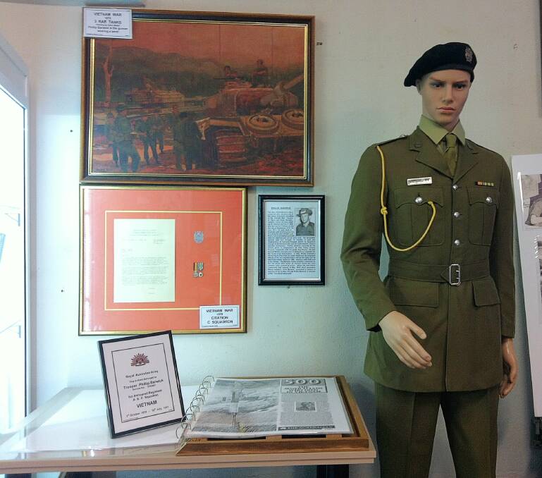 Phil Barwick display in 2017. The two medals can be seen in a frame to the left of the mannequin.