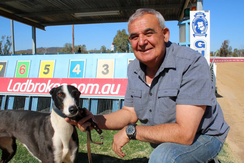 LOCAL THREAT: Gunnedah greyhound Come On Duchess, pictured with owner-trainer Billy Marmara, will contest heat one of the Million Dollar Chase in Gunnedah on Saturday.