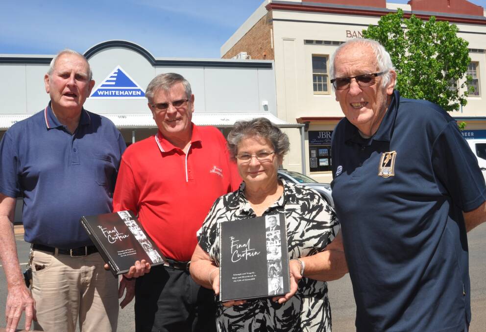 RON McLean’s new book The Final Curtain has delivered to local bookshops this week. Pictured are Gunnedah and District Historical Society president, Bob Leister, left, John Sturgess (Gunnedah Newsagency), Meryl Hennessy (Second Edition Book Store) and author Ron McLean. 