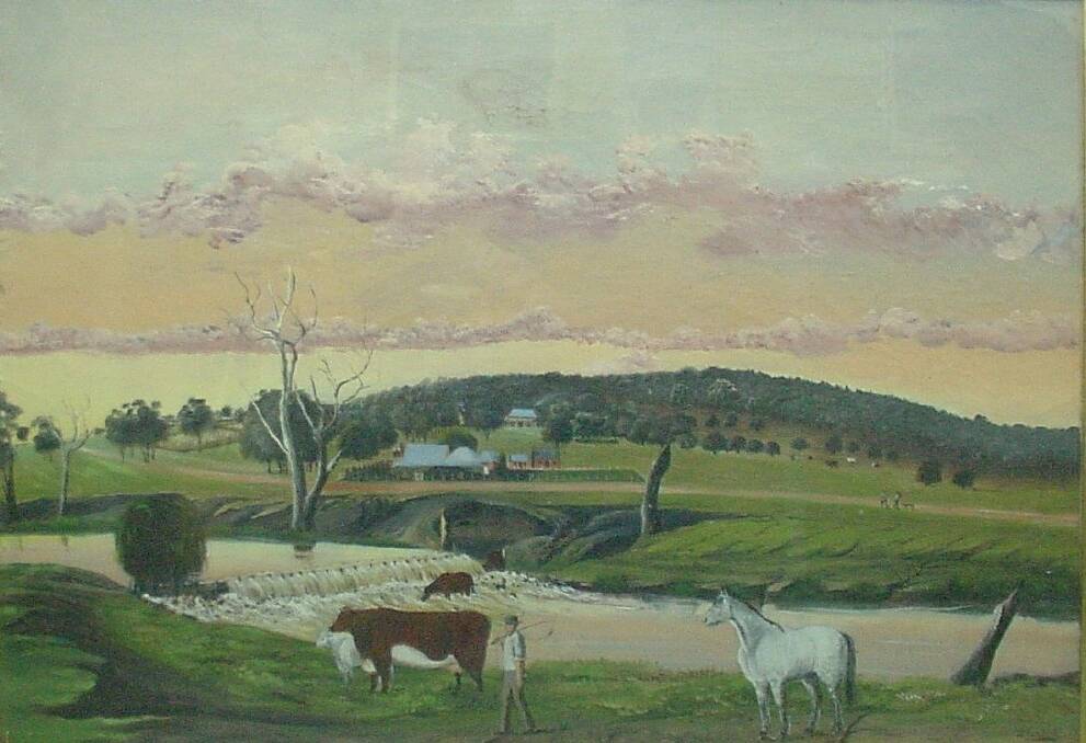 A painting of Breeza Station in the 1880s by Joseph Check. The painting shows the Mooki River and William Clift's home with Cynisca Homestead in the distance.