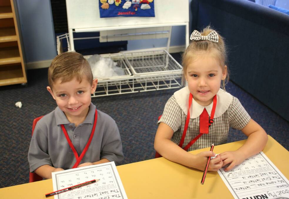 SCHOOL NUMBERS: Caleb Britton and Merinda McCauley on their first day of kindergarten at Gunnedah South Public School, which has grown since 2004.