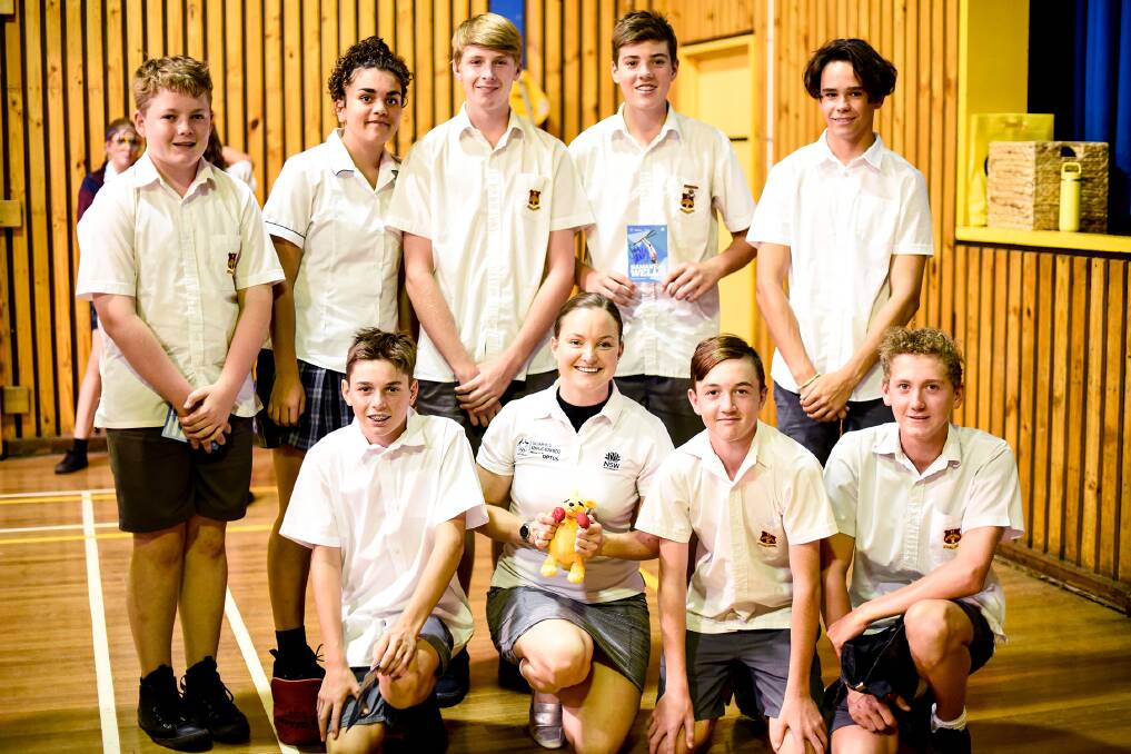 Olympian Samantha Wells, front, centre, with Quirindi High School students. Photo: Sally Alden