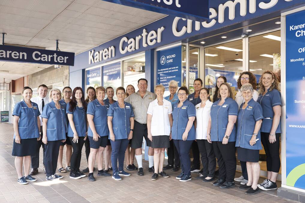The extensive team at Karen Carter Chemist in Gunnedah. Mrs Carter and her husband David bought the business in 1996. Photo: supplied