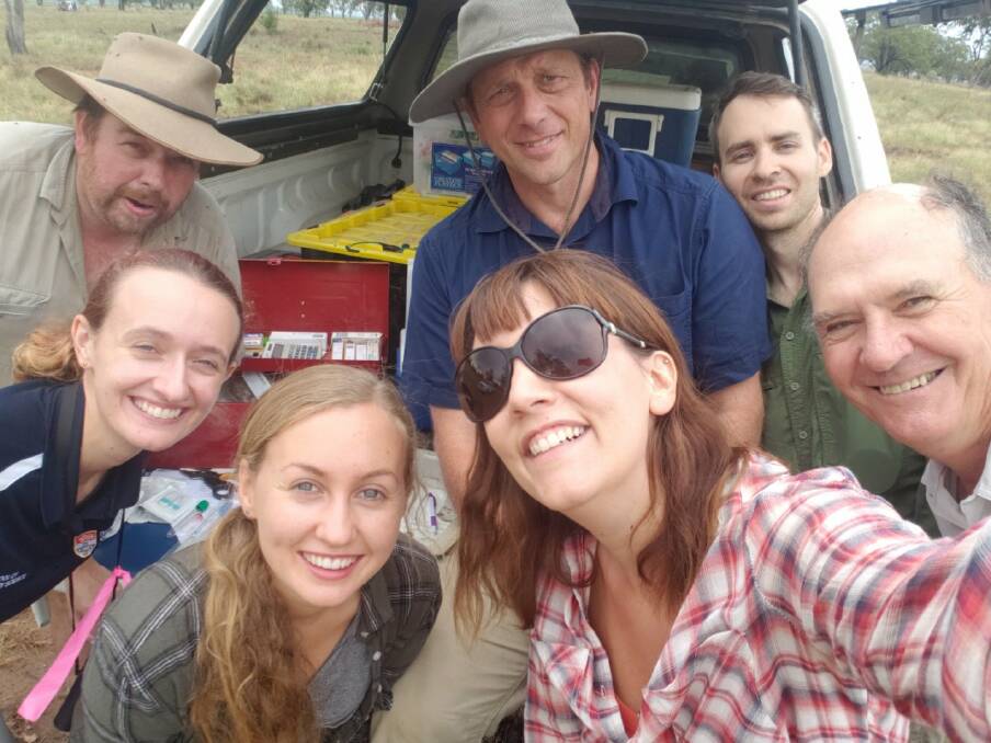 Dr Valentina Mella (front, right), Mark Krockenberg (back, centre) and Gunnedah farmer Robert Frend (right) with students from the University of Sydney last week.