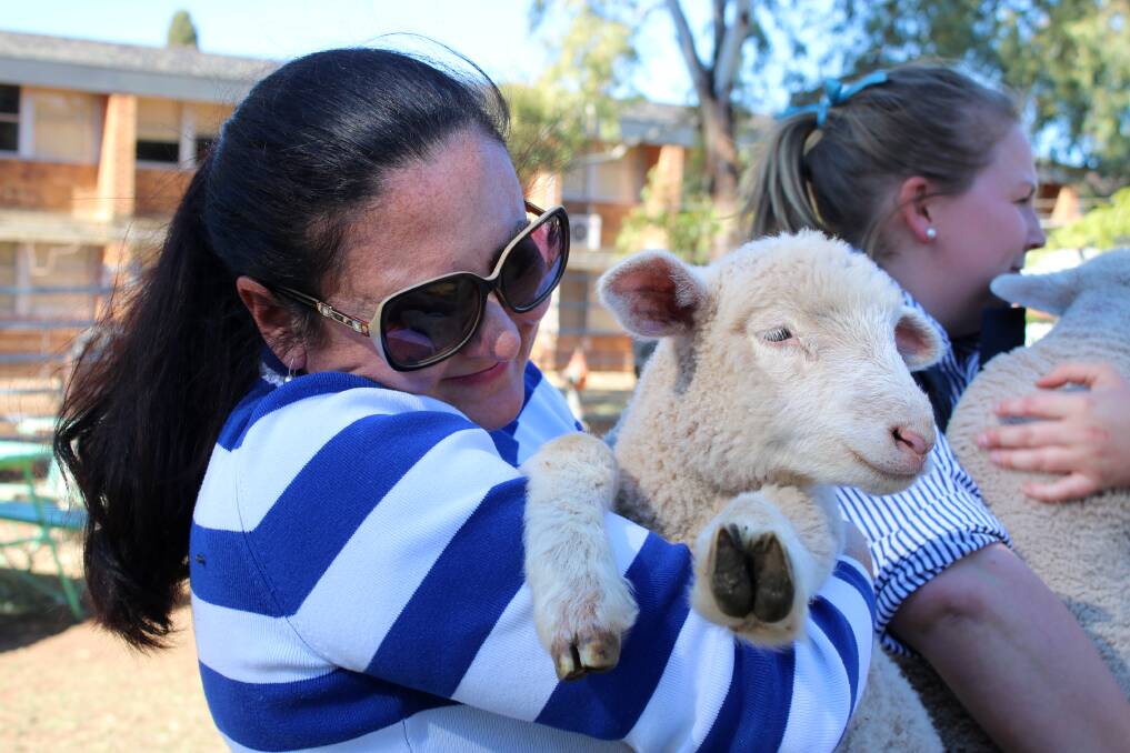 Head agriculture teacher Nicole Dwyer cuddles up with a lamb.