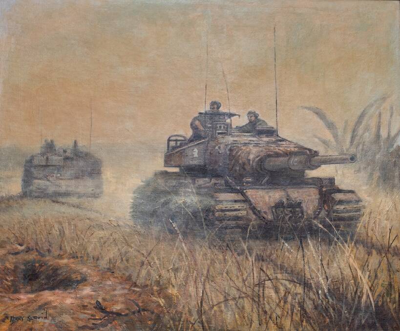 A painting of Phil in a Centurion tank. The painting is the work of ex-National Serviceman, former tank loader/operator and Phil's mate, Kerry Slavin.