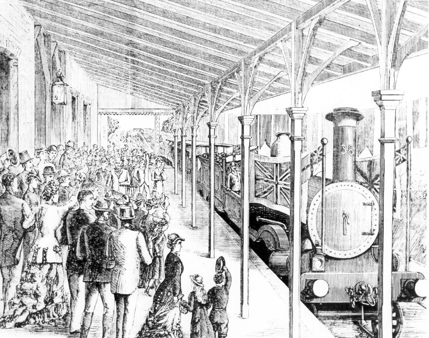 An etching of the first train to arrive at Gunnedah Railway Station in 1879.