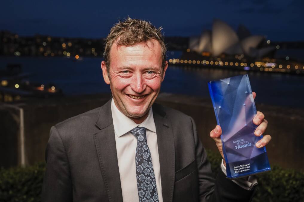 ACCOLADE: Bernie Shakeshaft claims the title of 2020 NSW Local Hero at the Australian of the Year Awards last night in Sydney. Photo: Salty Dingo