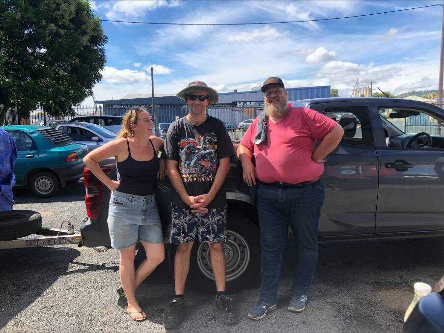 Gunnedah's Lauren Mackley and Dion Betts with Lismore local Trent Dobrunz who drove the first lot of donations back to his home town.