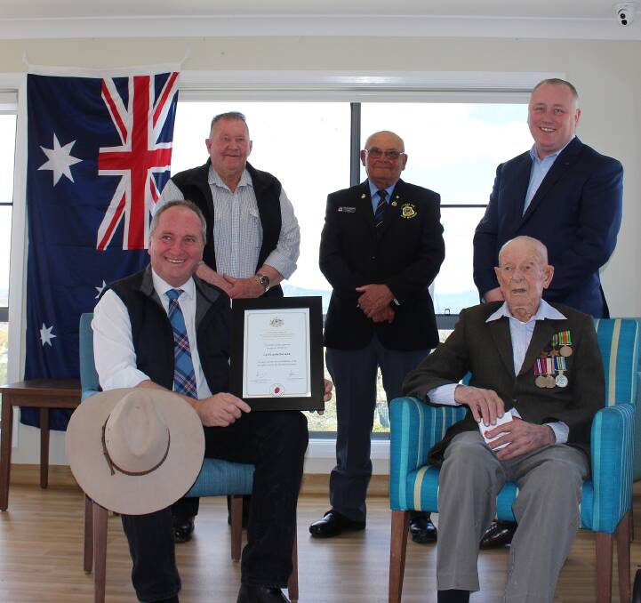 WWII veteran Cyril Barwick (front, right) with New England MP Barnaby Joyce nd Quirindi RSL Sub-branch vice-president Earl Kelaher and president Doug Hawkins, and Quirindi Care Services chair Jye Segboer at Eloura Retirement Village. Photo: supplied