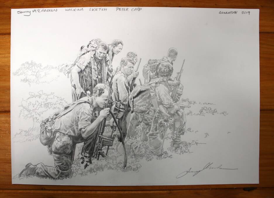 Jenny McCracken's sketch of the mural on the southern side featuring Vietnam War veteran Peter Capp.