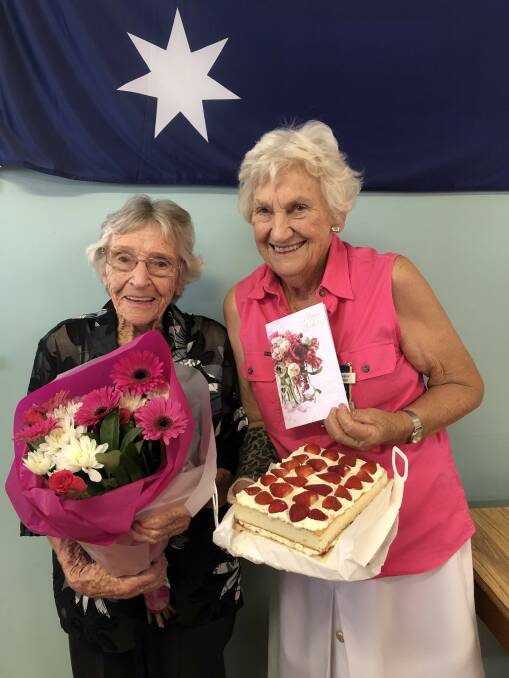 The 99th birthday of Gunnedah CWA member Lilian Lee, left, was celebrated at the branch's recent meeting. She is pictured here with president Coralie Howe. Photo: supplied