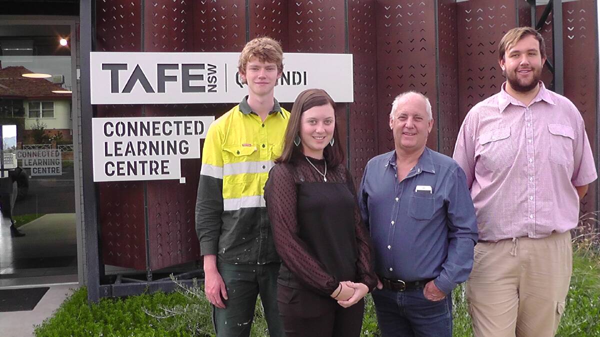 Liverpool Plains Shire Council mayor Andrew Hope (thirdfrom left) with the council's three new trainees Cody Mackenzie (building maintenance ), Lucy Sadler (financial support) and Jack Crombie (information technology) at the TAFE NSW Quirindi Connected Learning Centre where they will complete training. 