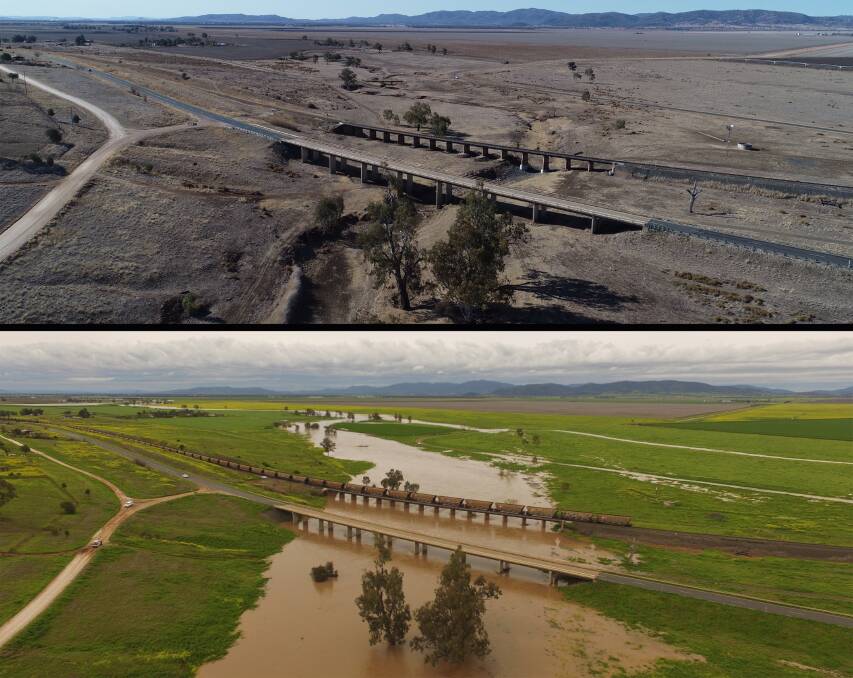 The Mooki at Breeza in August 2018 versus September 2016 when it was in flood. Photos: John Nott
